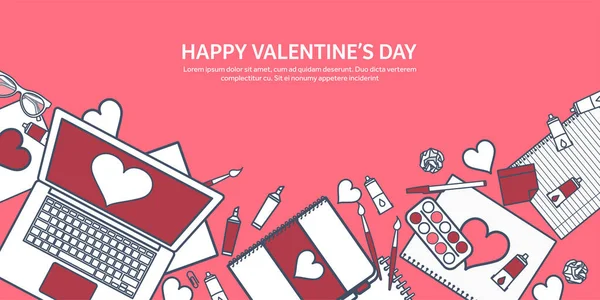Liefde en hart. Bekleed vectorillustratie. Platte achtergrond met laptop. Harten. De dag van Valentijnskaarten. Worden mijn Valentijn. 14 februari. Bericht. — Stockvector