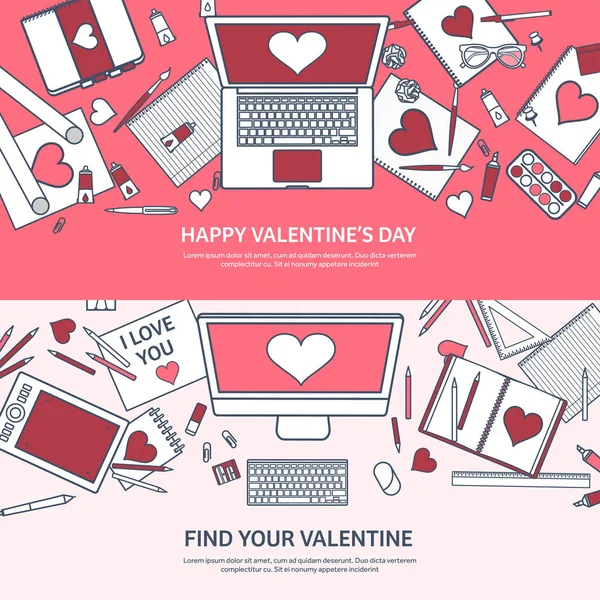 Liefde en hart. Bekleed vectorillustratie. Platte achtergrond met laptop. Harten. De dag van Valentijnskaarten. Worden mijn Valentijn. 14 februari. Bericht. — Stockvector