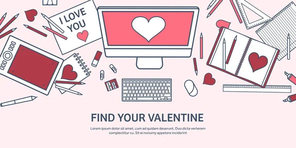 Liebe und Herz. linierte Vektorillustration. flachen Hintergrund mit Laptop. Herzen. Valentinstag. sei mein Valentinstag. 14. Februar. Botschaft. — Stockvektor