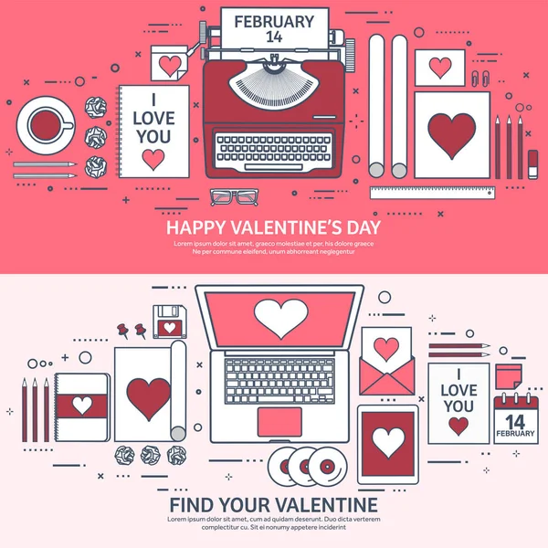 Love and heart. Lined vector illustration. Flat background with laptop, typewriter. Hearts. Valentines day. Be my valentine. 14 february. Message. — Stock Vector
