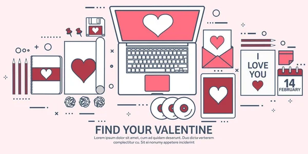 Liefde en hart. Bekleed vectorillustratie. Platte achtergrond met laptop. Harten. De dag van Valentijnskaarten. Worden mijn Valentijn. 14 februari. Bericht. — Stockvector