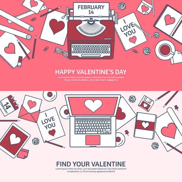 Amore e cuore. Illustrazione vettoriale foderata. Fondo piatto con computer portatile, macchina da scrivere. Cuori. San Valentino. Sii il mio San Valentino. 14 febbraio. Messaggio . — Vettoriale Stock