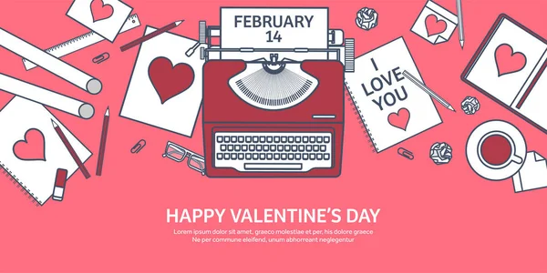 Liefde en hart. Bekleed vectorillustratie. Platte achtergrond met typemachine. Harten. De dag van Valentijnskaarten. Worden mijn Valentijn. 14 februari. Bericht. — Stockvector