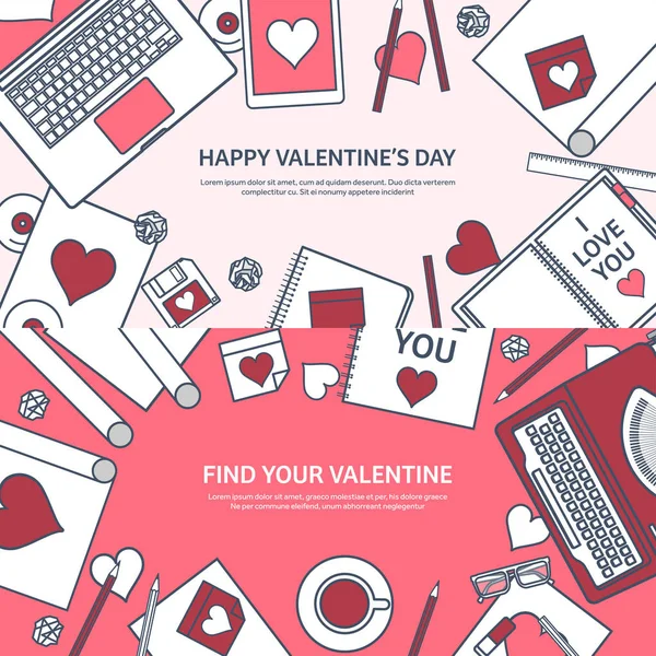 Love and heart. Lined vector illustration. Flat background with laptop, typewriter. Hearts. Valentines day. Be my valentine. 14 february. Message. — Stock Vector