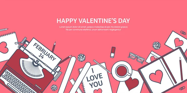 Love and heart. Lined vector illustration. Flat background with typewriter. Hearts. Valentines day. Be my valentine. 14 february. Message. — Stock Vector