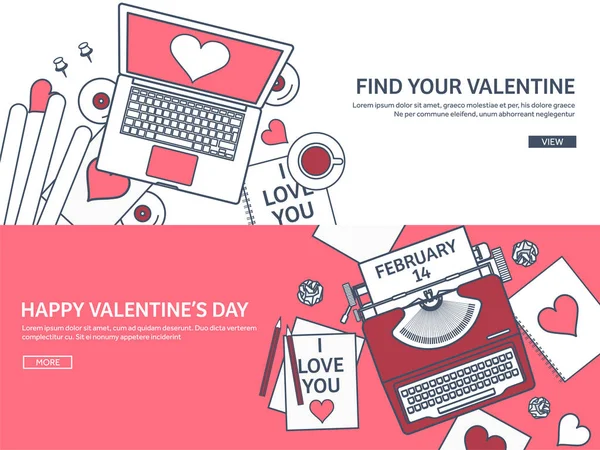 Liefde en hart. Bekleed vectorillustratie. Achtergrond met laptop, platte typemachine. Harten. De dag van Valentijnskaarten. Worden mijn Valentijn. 14 februari. Bericht. — Stockvector