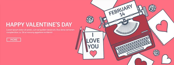 Liefde en hart. Bekleed vectorillustratie. Platte achtergrond met typemachine. Harten. De dag van Valentijnskaarten. Worden mijn Valentijn. 14 februari. Bericht. — Stockvector