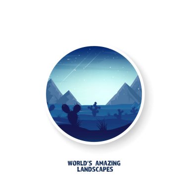 Çöl gezisi. Aşırı turizm ve seyahat. Doğaya geri. Sands.Exploring Afrika. Ufuk çizgisi ile gökyüzü, yıldızlar. Dağlar, uçan kuşlar.