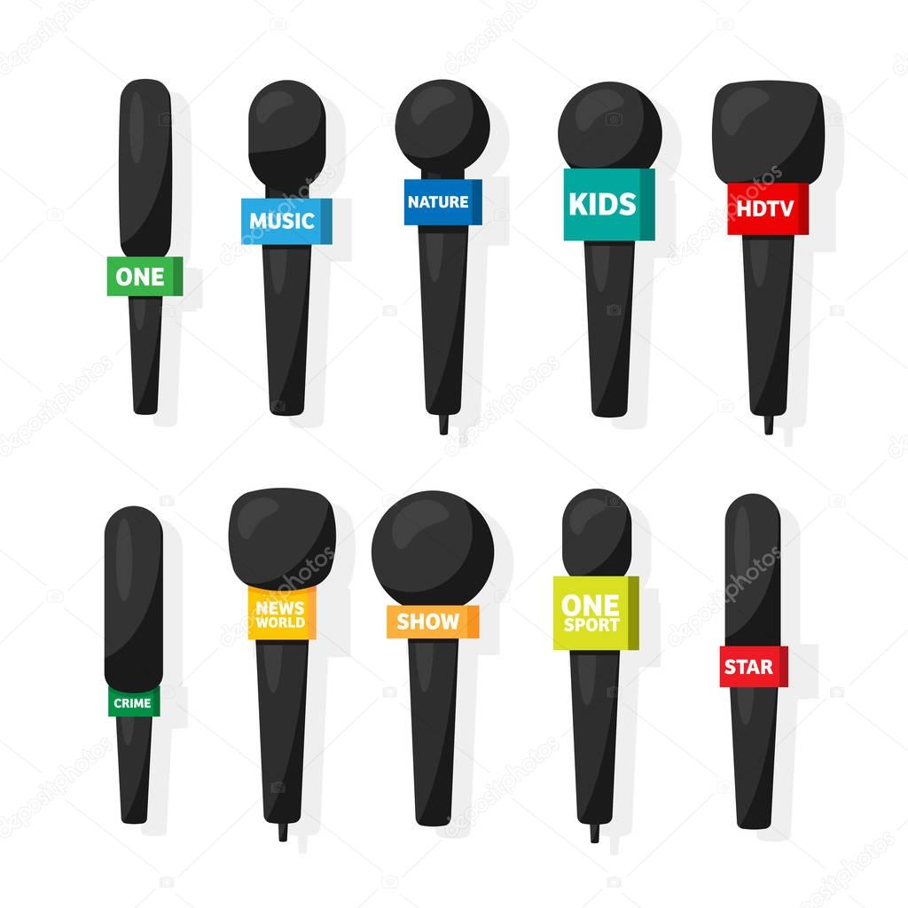 Microphone,reporter equipment. Mass media, television show. Tv.Audio conference. Interview. Broadcasting, communication. Flat style. Studio. Sound or music.Set.