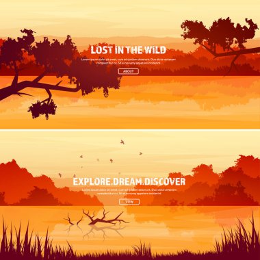 Dağlar ile orman ve göl, nehir. Ağaçlar. Ufuk çizgisi. Vektör manzara. Panorama. Seyahat ve macera. Nature.Wood. yaban hayatı. Çam ağacı.