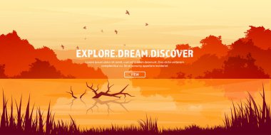 Dağlar ile orman ve göl, nehir. Ağaçlar. Ufuk çizgisi. Vektör manzara. Panorama. Seyahat ve macera. Nature.Wood. yaban hayatı. Çam ağacı.