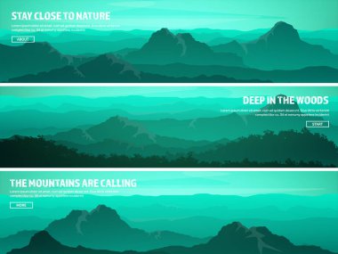 Dağ ve orman. Vahşi doğa manzara. Seyahat ve macera. Panorama. Ormana doğru. Ufuk çizgisi. Ağaçlar, sis, ahşap. Arka planlar se