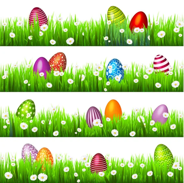Velikonoční vajíčko na zelené trávě. Sezónní svátky v April.Flowers.Banner. — Stockový vektor
