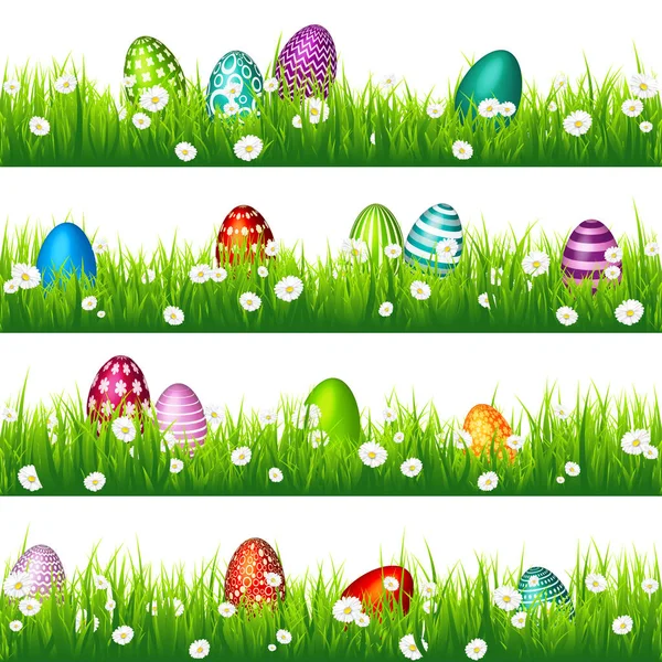 Huevo de Pascua en la hierba verde. Vacaciones de temporada en abril.Flowers.Banner . — Vector de stock