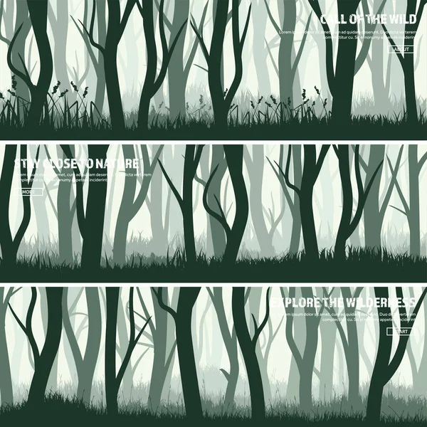 Árboles listos. Bosque de pino salvaje, fondo natural. Madera.Ilustración vectorial. Banner. Árbol verde oscuro. Paisaje.Hierba, prado . — Vector de stock