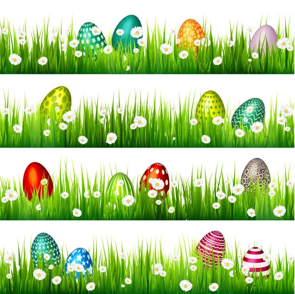 Huevo de Pascua en la hierba verde. Vacaciones de temporada en abril.Flowers.Banner . — Vector de stock
