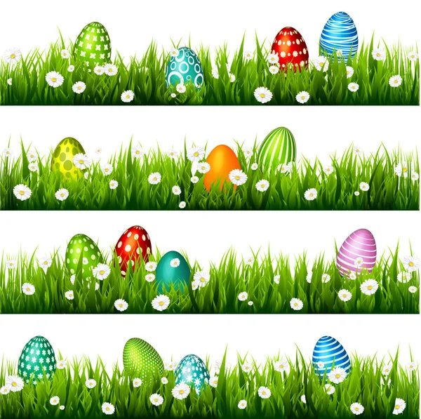 Huevo de Pascua en la hierba verde. Vacaciones de temporada en abril.Flowers.Banner . — Vector de stock