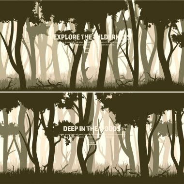 Ağaçlar ayarlayın. Vahşi çam ormanı, doğa arka plan. Wood.Vector resimde. Afiş. Koyu yeşil ağaç. Landscape.Grass,meadow.