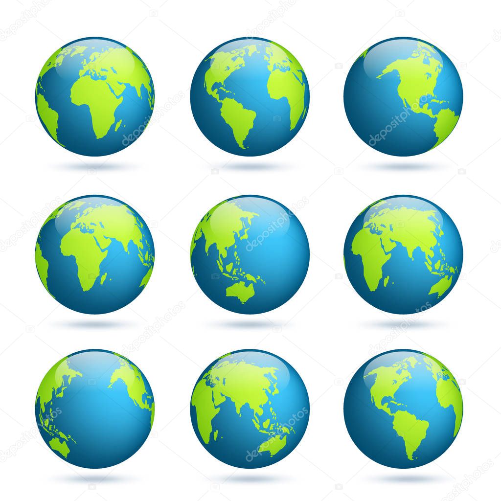 Earth globe. World map set. Planet with continents.Africa Asia, Australia, Europe, North America and South America.