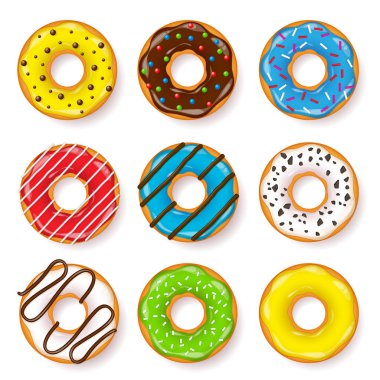 Çörek, krema ile begel. Kurabiyeler, kurabiye pasta küme. Şekerli tatlı. şeker ile karamel. Lezzetli kahvaltı. Yemek. Cafateria gıda, aperatif. Kahve Dükkanı. Vektör çizim.