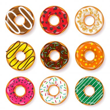 Çörek, krema ile begel. Kurabiyeler, kurabiye pasta küme. Şekerli tatlı. şeker ile karamel. Lezzetli kahvaltı. Yemek. Cafateria gıda, aperatif. Kahve Dükkanı. Vektör çizim.