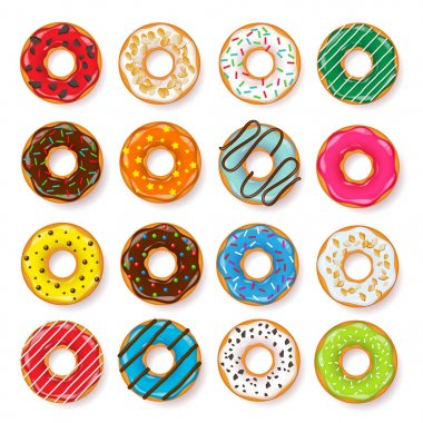 Çörek, krema ile begel. Kurabiyeler, kurabiye pasta küme. Şekerli tatlı. şeker ile karamel. Lezzetli kahvaltı. Yemek. Cafateria gıda, aperatif. Kahve Dükkanı. Vektör çizim.