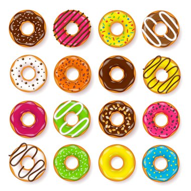 Çörek, krema ile begel. Kurabiyeler, kurabiye pasta küme. Şekerli tatlı. şeker ile karamel. Lezzetli kahvaltı. Yemek. Cafateria gıda, aperatif. Kahve Dükkanı. Vektör çizim.