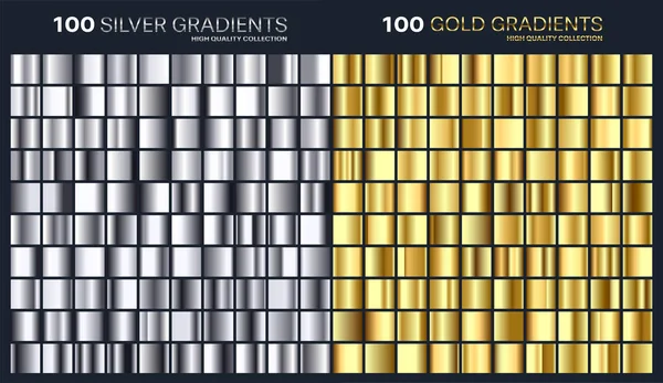 Gold,silver gradient,pattern,template.Set of colors for design,collection of high quality gradients.Metallic texture,shiny background.Pure metal.Suitable for text ,mockup,banner, ribbon or ornament. — Stock Vector