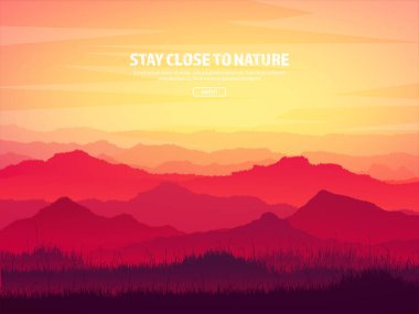 Dağ ve orman. Vahşi doğa manzara. Seyahat ve macera. Panorama. Ormana doğru. Ufuk çizgisi. Ağaçlar, fogfog.