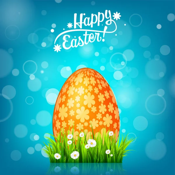 Caza de huevos de Pascua. Fondo azul. Vacaciones de abril. Flores y hierba. Banner abstracto, tarjeta. Primavera. Celebración . — Vector de stock