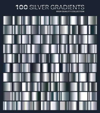Gümüş gradyan, desen, şablonu. Tasarım, kaliteli degradeler topluluğu için renk kümesi. Metalik doku, parlak arka plan. Saf metal. Metin, mockup, afiş, şerit veya süsleme için uygundur..