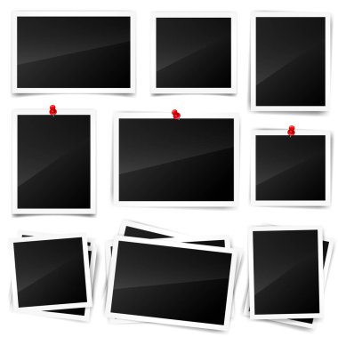 Fotoğraf kartı, çerçeve, film seti. Retro, vintage fotoğraf gölge ve itme iğne ile. Dijital anlık görüntü, görüntü. Fotoğraf sanat. Şablon veya mockup tasarım için. Vektör çizim şeffaf bir arka plan üzerinde.