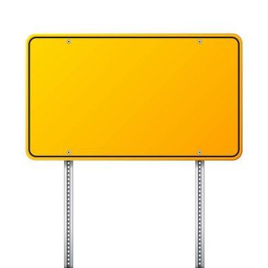 Sarı yol trafik işaret. Metin için yer ile boş tahta. Mockup. İzole bilgi işareti. Yön. Vektör çizim.