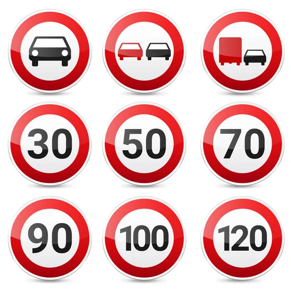 Verkehrsschilder sammeln sich isoliert auf weißem Hintergrund. road traffic control.lane usage.stop and yield. Regulierungssignale. Tempolimit. — Stockvektor