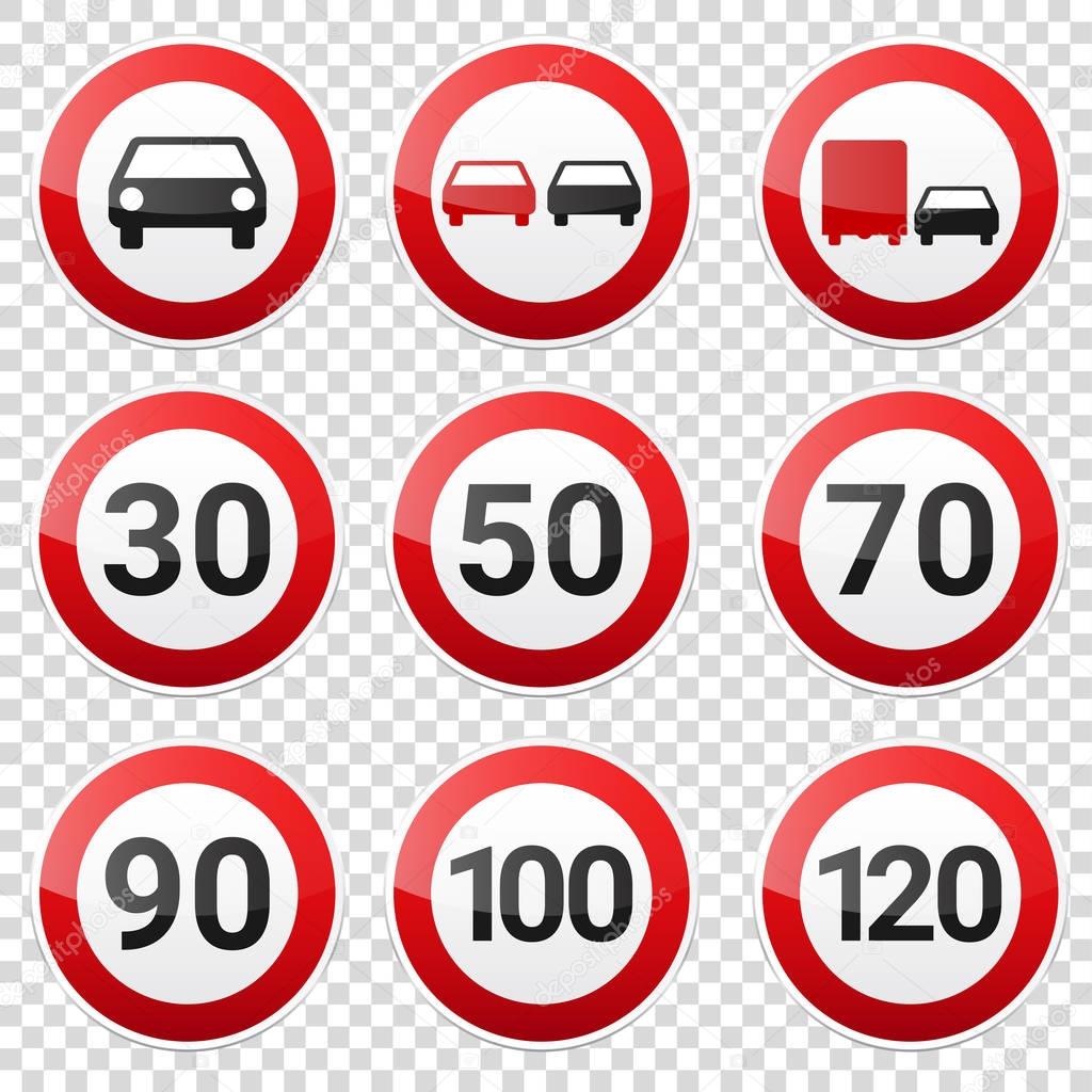 Road signs collection isolated on white background. Road traffic control.Lane usage.Stop and yield. Regulatory signs. Speed limit.