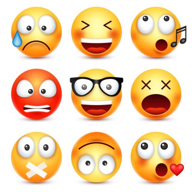 Smiley, ifade kümesi. Sarı yüz duygularla. Yüz ifadesi. 3D gerçekçi emoji. Üzgün, mutlu, kızgın yüzler. Komik çizgi film karakteri. Ruh hali. Web simgesi. Vektör çizim.