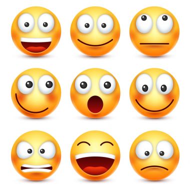 Smiley, ifade kümesi. Sarı yüz duygularla. Yüz ifadesi. 3D gerçekçi emoji. Üzgün, mutlu, kızgın yüzler. Komik çizgi film karakteri. Ruh hali. Web simgesi. Vektör çizim.