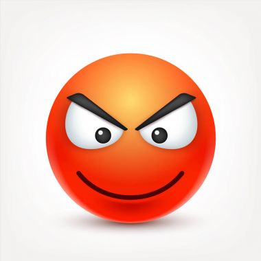 Smiley, kızgın surat. Kırmızı yüz duygularla. Yüz ifadesi. 3D gerçekçi emoji. Komik çizgi film karakteri. Ruh hali. Web simgesi. Vektör çizim.