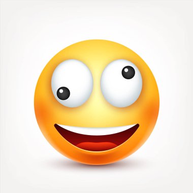 Gülen, ifade. Sarı yüz duygularla. Yüz ifadesi. 3D gerçekçi emoji. Komik çizgi film karakteri. Ruh hali. Web simgesi. Vektör çizim.