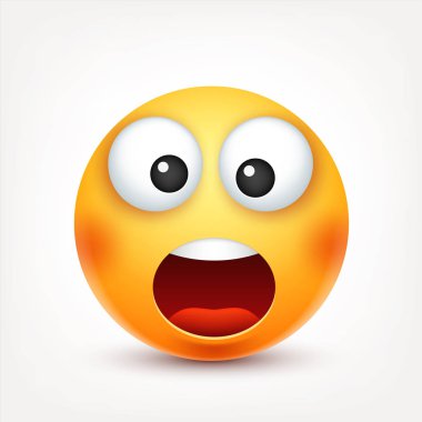 Smiley, sürpriz ifade. Sarı yüz duygularla. Yüz ifadesi. 3D gerçekçi emoji. Komik çizgi film karakteri. Ruh hali. Web simgesi. Vektör çizim.