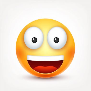 Smiley, mutlu ifade. Sarı yüz duygularla. Yüz ifadesi. 3D gerçekçi emoji. Komik çizgi film karakteri. Ruh hali. Web simgesi. Vektör çizim.