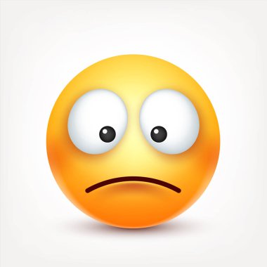 Smiley, üzgün ifade. Sarı yüz duygularla. Yüz ifadesi. 3D gerçekçi emoji. Komik çizgi film karakteri. Ruh hali. Web simgesi. Vektör çizim.