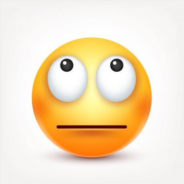 Gülen, ifade. Sarı yüz duygularla. Yüz ifadesi. 3D gerçekçi emoji. Komik çizgi film karakteri. Ruh hali. Web simgesi. Vektör çizim.
