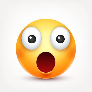 Smiley, merak ifade. Sarı yüz duygularla. Yüz ifadesi. 3D gerçekçi emoji. Komik çizgi film karakteri. Ruh hali. Web simgesi. Vektör çizim.