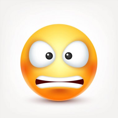 Smiley, kızgın surat. Sarı yüz duygularla. Yüz ifadesi. 3D gerçekçi emoji. Komik çizgi film karakteri. Ruh hali. Web simgesi. Vektör çizim.