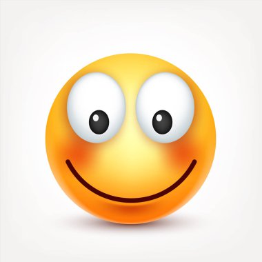 Gülen, gülümseyen mutlu ifade. Sarı yüz duygularla. Yüz ifadesi. 3D gerçekçi emoji. Komik çizgi film karakteri. Ruh hali. Web simgesi. Vektör çizim.