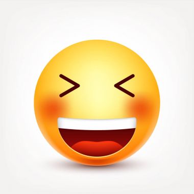 Smiley, ifade gülüyor. Sarı yüz duygularla. Yüz ifadesi. 3D gerçekçi emoji. Komik çizgi film karakteri. Ruh hali. Web simgesi. Vektör çizim.