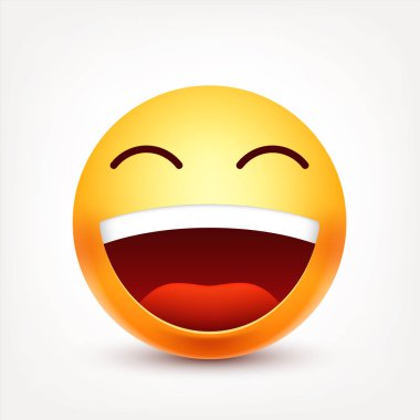 Smiley, ifade gülüyor. Sarı yüz duygularla. Yüz ifadesi. 3D gerçekçi emoji. Komik çizgi film karakteri. Ruh hali. Web simgesi. Vektör çizim.