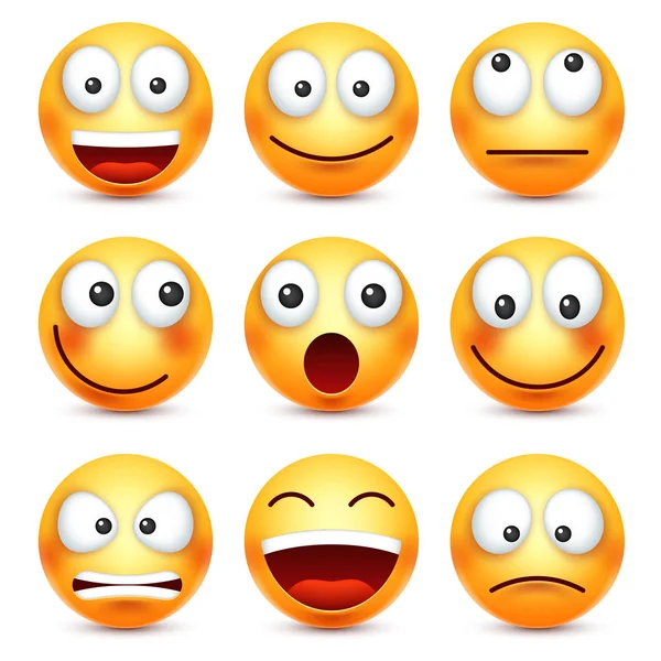 Smiley, ifade kümesi. Sarı yüz duygularla. Yüz ifadesi. 3D gerçekçi emoji. Üzgün, mutlu, kızgın yüzler. Komik çizgi film karakteri. Ruh hali. Web simgesi. Vektör çizim. — Stok Vektör