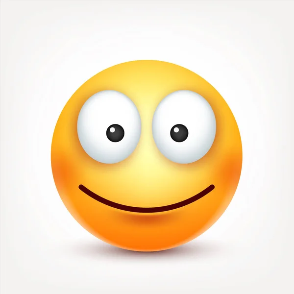Smiley,smiling emoticon. Yellow face with emotions. Facial expression. 3d realistic emoji. Funny cartoon character.Mood. Web icon. Vector illustration. — Stock Vector